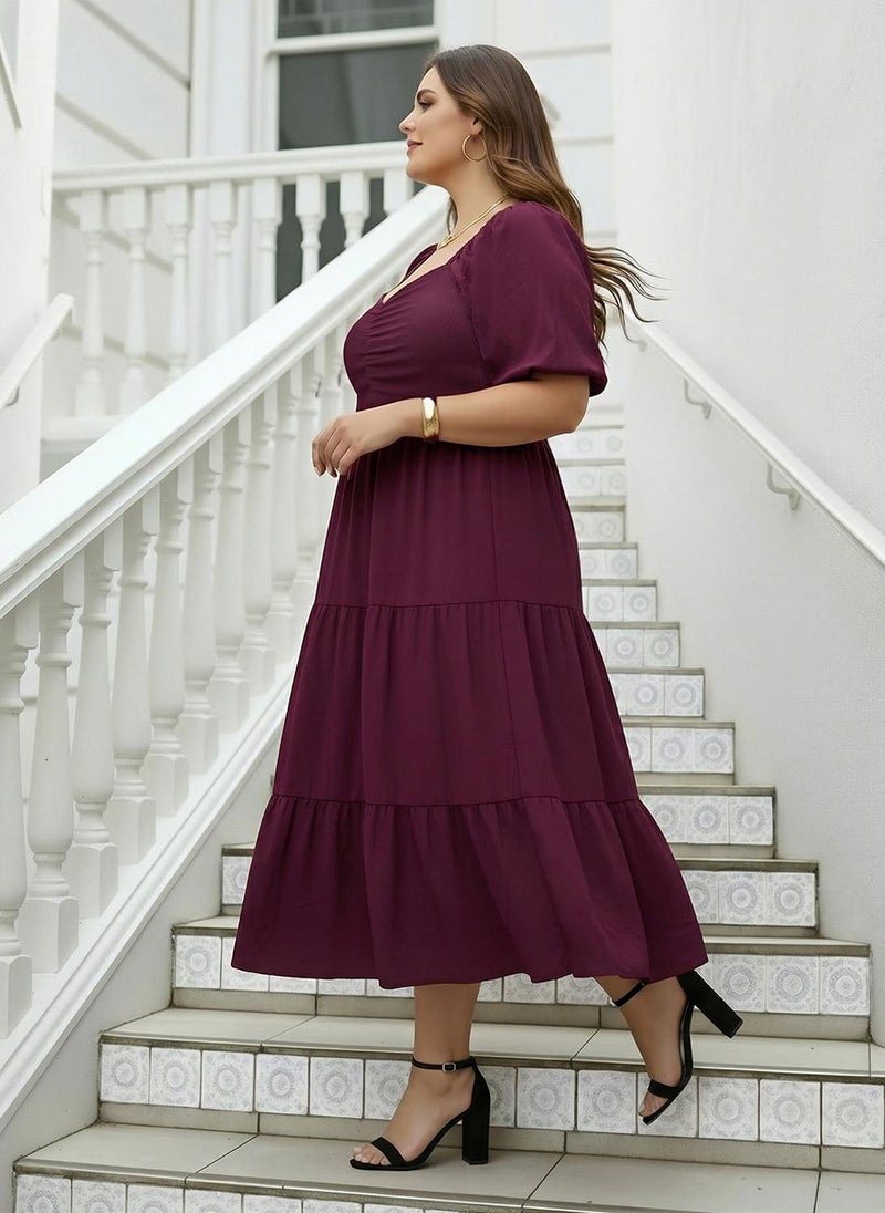 Globus Gloplus Women Burgundy Sweetheart Neck Puff Sleeves Self Design Ruched Detail Tiered Midi Plus Size A-Line Dress - Image 3